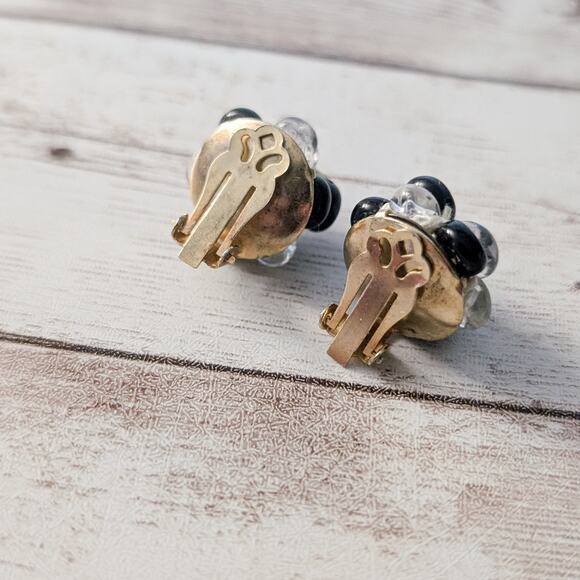 Vintage Clip On Earrings 0.75" Black & Clear Cluster - Picture 4 of 5